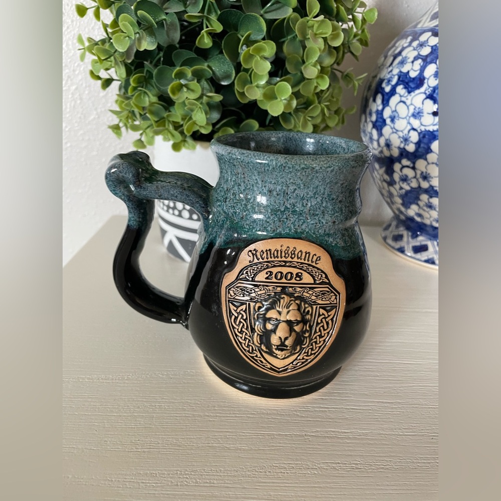 Renaissance Festival Large Mug 2008 Pottery with raised Lion Head Multicolor